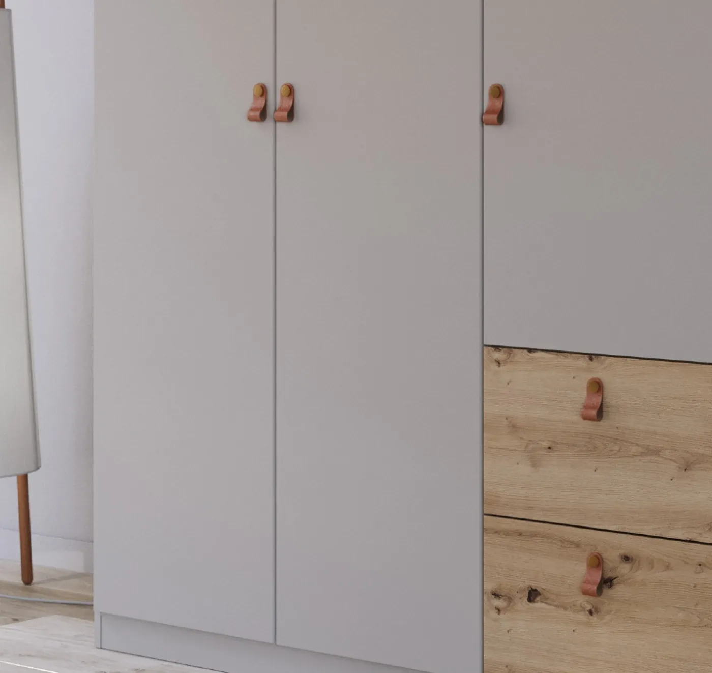 Kleiderschrank Drehtürenschrank Quadra-Spin | 5-türig | mit Schubkästen | seidengrau / Eiche Artisan | 226x210 | Griff Homey