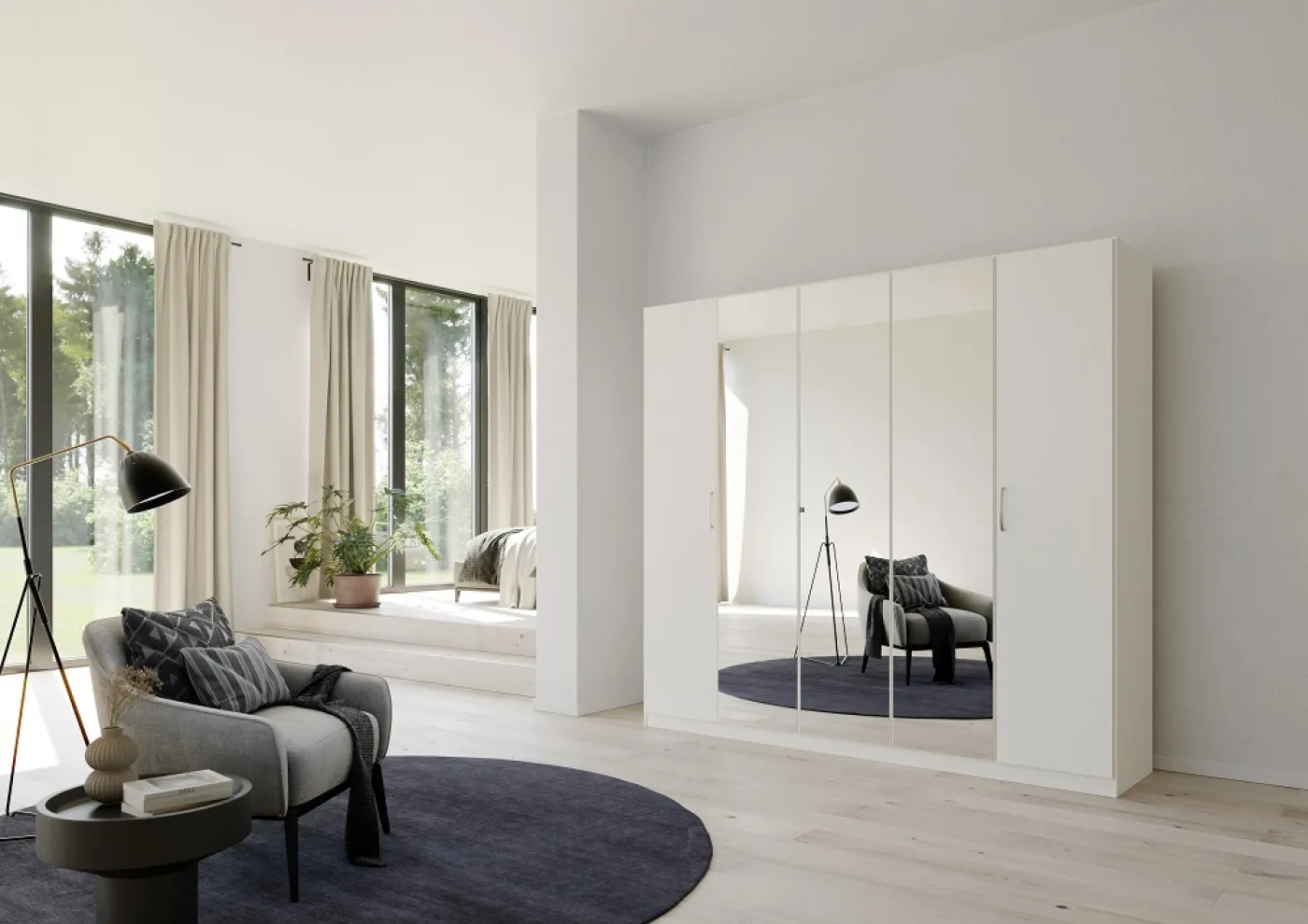 Kleiderschrank Drehtürenschrank Quadra-Spin | 5-türig | mit Spiegeltüren | alpinweiß | 226x210 | Griff Pure