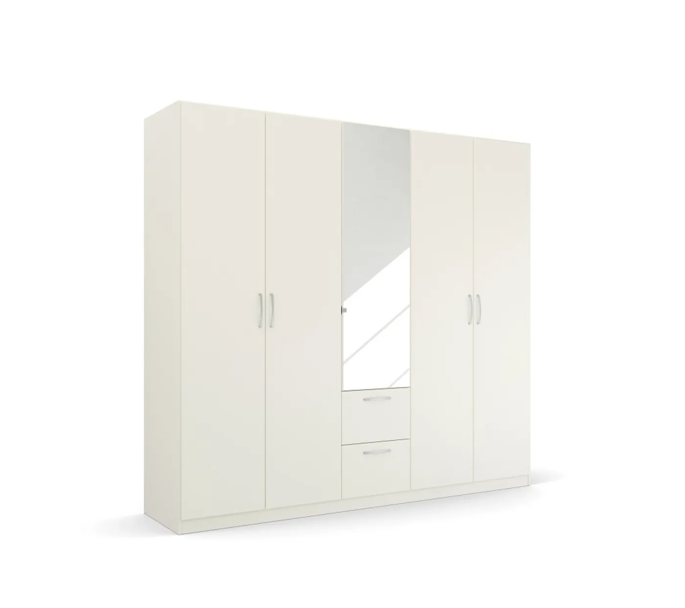 Kleiderschrank Drehtürenschrank Quadra-Spin | 5-türig | mit Spiegeltüren & Schubkästen | alpinweiß | 226x210 | Griff Pure