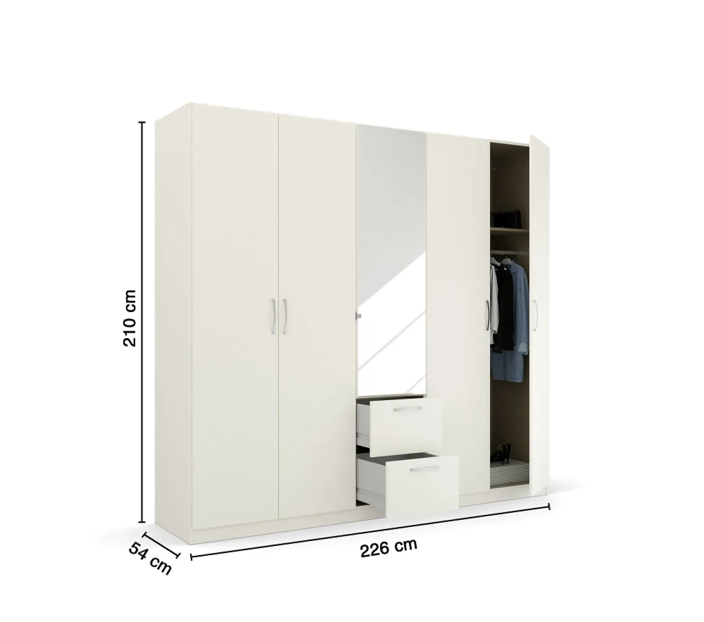 Kleiderschrank Drehtürenschrank Quadra-Spin | 5-türig | mit Spiegeltüren & Schubkästen | alpinweiß | 226x210 | Griff Pure