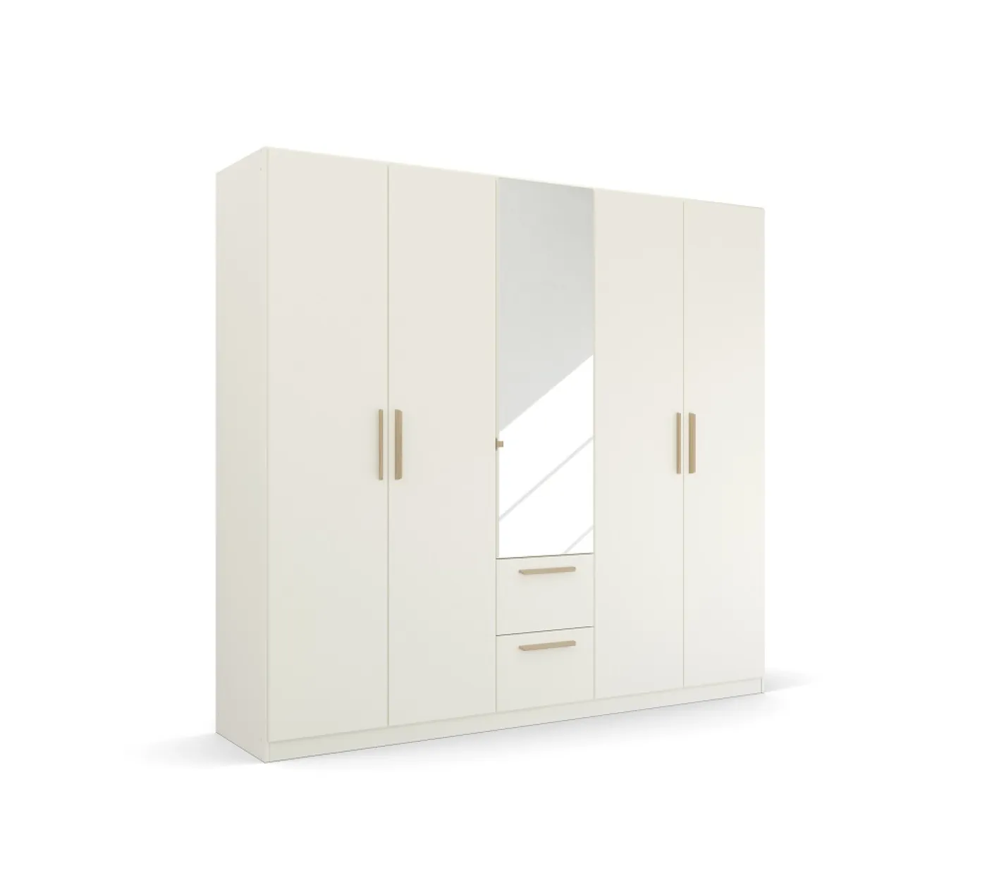 Kleiderschrank Drehtürenschrank Quadra-Spin | 5-türig | mit Spiegeltüren & Schubkästen | alpinweiß | 226x210 | Griff Skandi