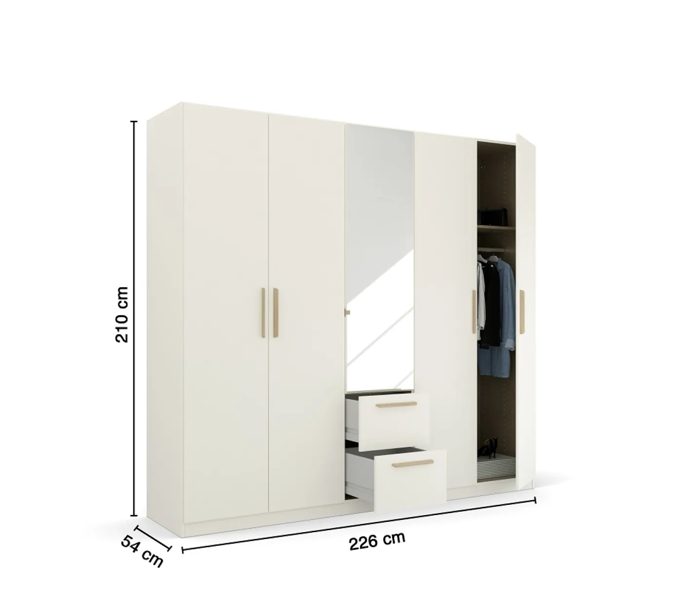 Kleiderschrank Drehtürenschrank Quadra-Spin | 5-türig | mit Spiegeltüren & Schubkästen | alpinweiß | 226x210 | Griff Skandi