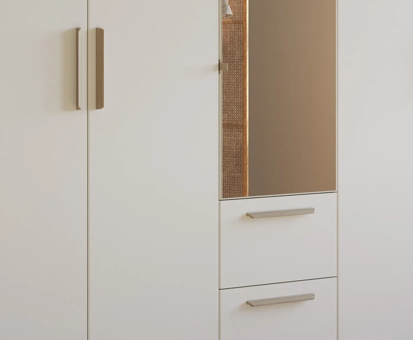 Kleiderschrank Drehtürenschrank Quadra-Spin | 5-türig | mit Spiegeltüren & Schubkästen | alpinweiß | 226x210 | Griff Skandi