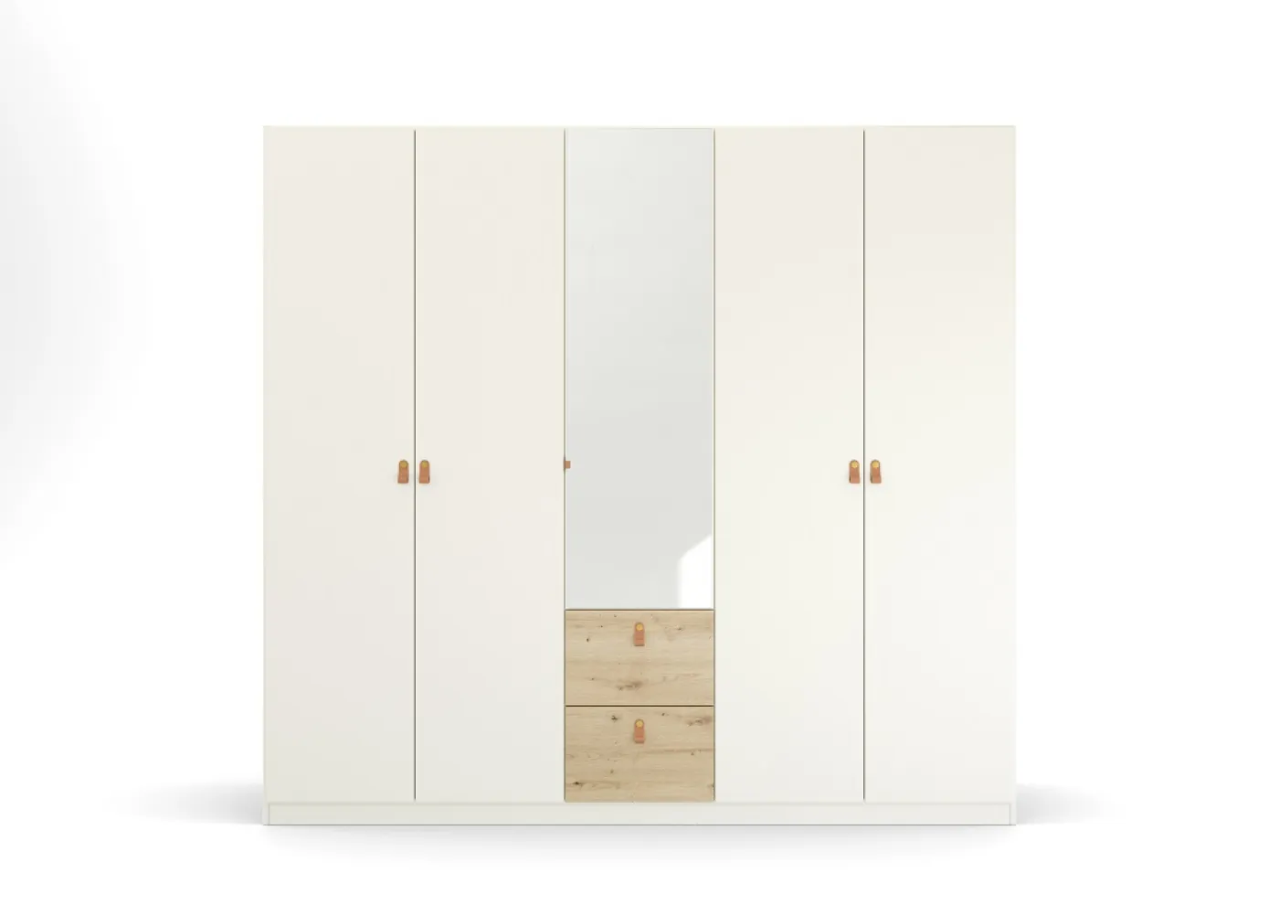 Kleiderschrank Drehtürenschrank Quadra-Spin | 5-türig | mit Spiegeltüren & Schubkästen | alpinweiß / Eiche Artisan | 226x210 | Griff Homey