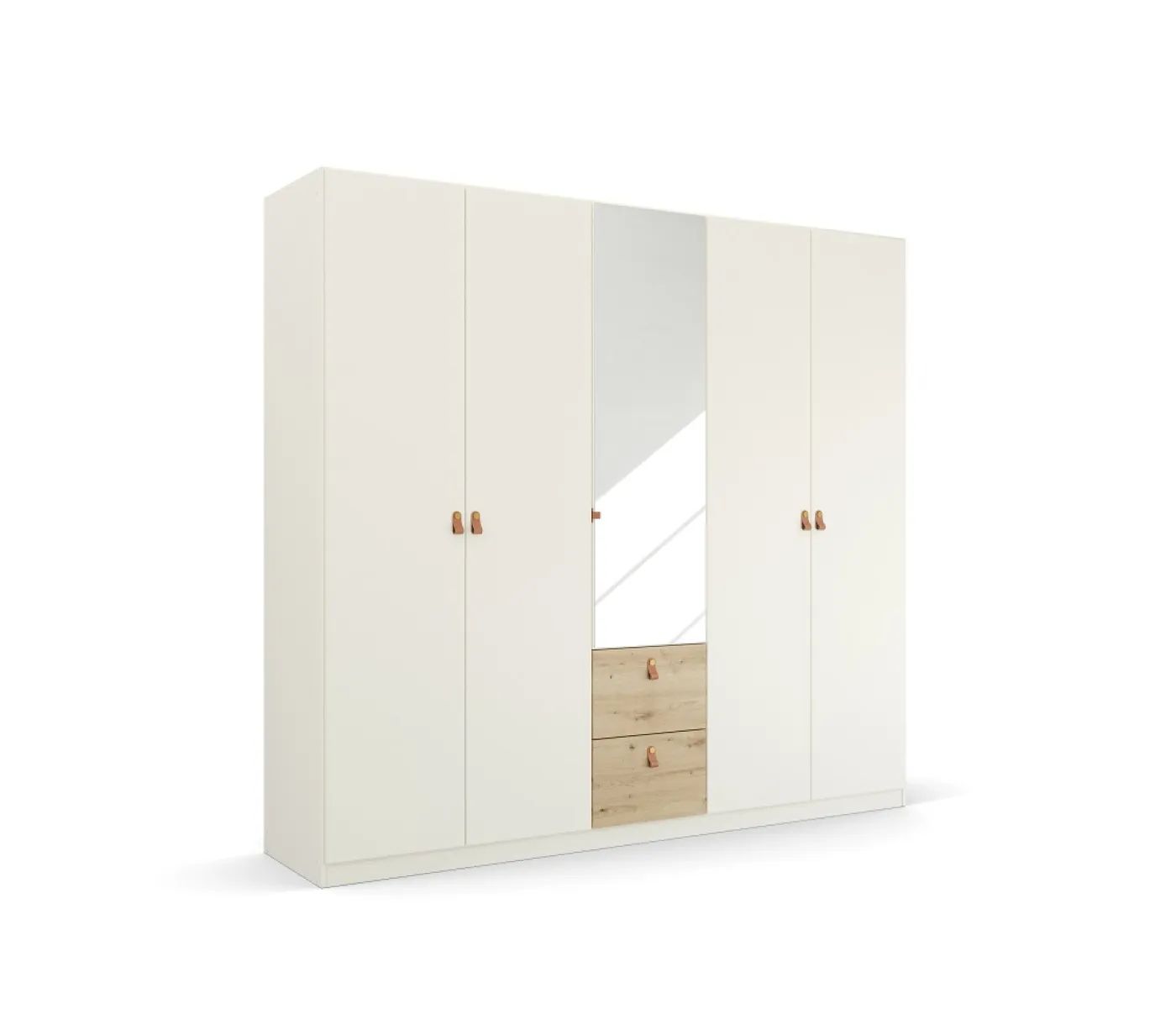 Kleiderschrank Drehtürenschrank Quadra-Spin | 5-türig | mit Spiegeltüren & Schubkästen | alpinweiß / Eiche Artisan | 226x210 | Griff Homey