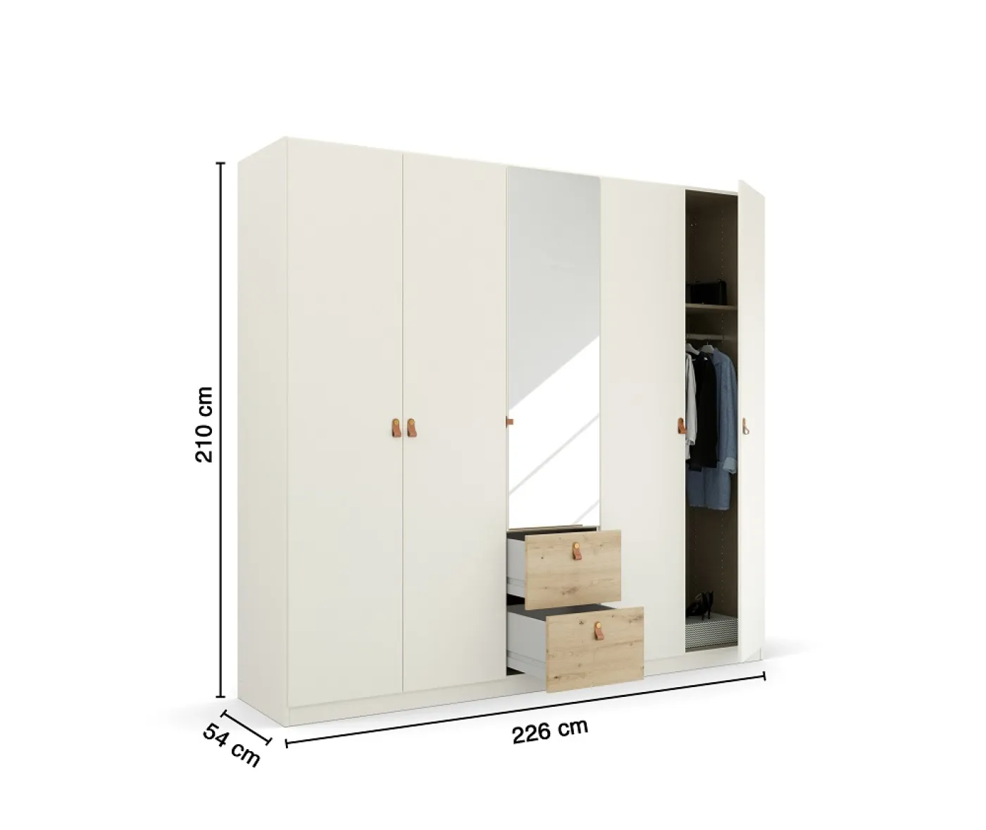 Kleiderschrank Drehtürenschrank Quadra-Spin | 5-türig | mit Spiegeltüren & Schubkästen | alpinweiß / Eiche Artisan | 226x210 | Griff Homey