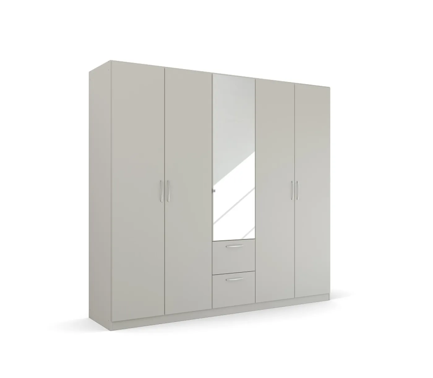 Kleiderschrank Drehtürenschrank Quadra-Spin | 5-türig | mit Spiegeltüren & Schubkästen | seidengrau | 226x210 | Griff Pure