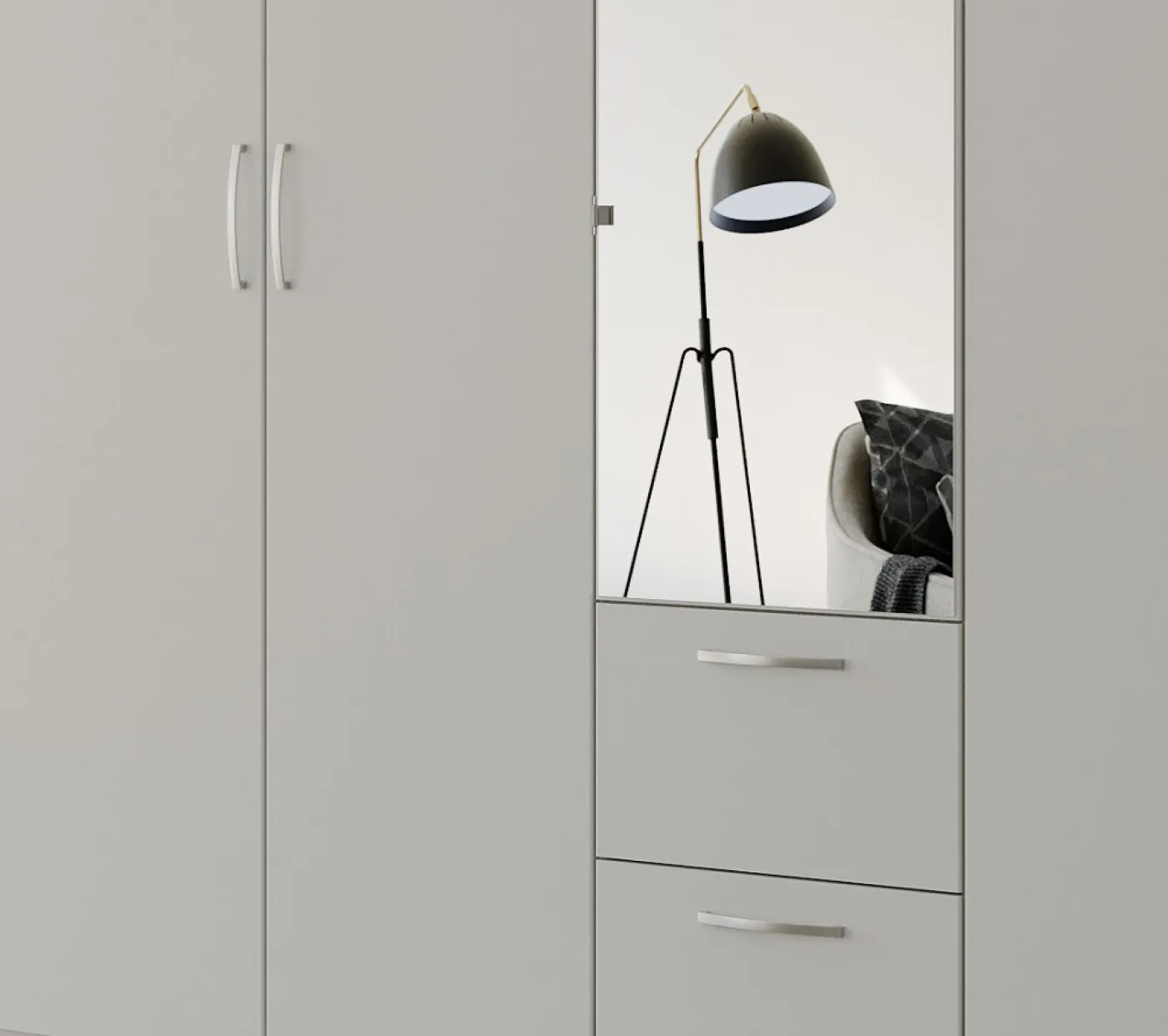 Kleiderschrank Drehtürenschrank Quadra-Spin | 5-türig | mit Spiegeltüren & Schubkästen | seidengrau | 226x210 | Griff Pure