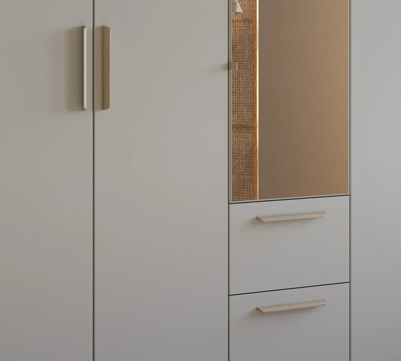 Kleiderschrank Drehtürenschrank Quadra-Spin | 5-türig | mit Spiegeltüren & Schubkästen | seidengrau | 226x210 | Griff Skandi