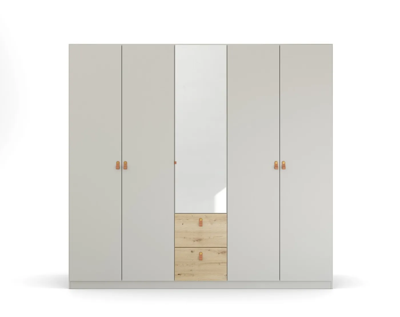 Kleiderschrank Drehtürenschrank Quadra-Spin | 5-türig | mit Spiegeltüren & Schubkästen | seidengrau / Eiche Artisan | 226x210 | Griff Homey