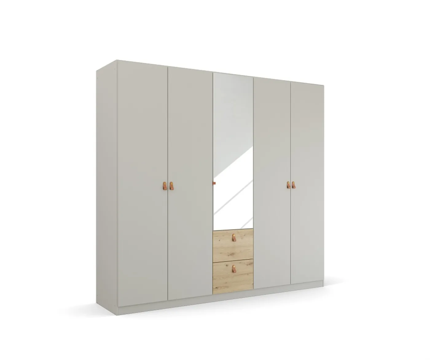 Kleiderschrank Drehtürenschrank Quadra-Spin | 5-türig | mit Spiegeltüren & Schubkästen | seidengrau / Eiche Artisan | 226x210 | Griff Homey