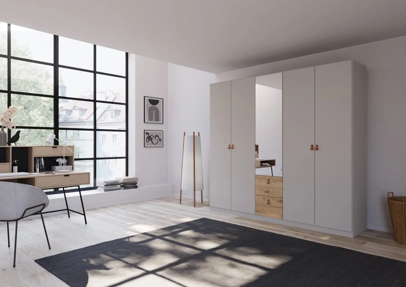 Kleiderschrank Drehtürenschrank Quadra-Spin | 5-türig | mit Spiegeltüren & Schubkästen | seidengrau / Eiche Artisan | 226x210 | Griff Homey