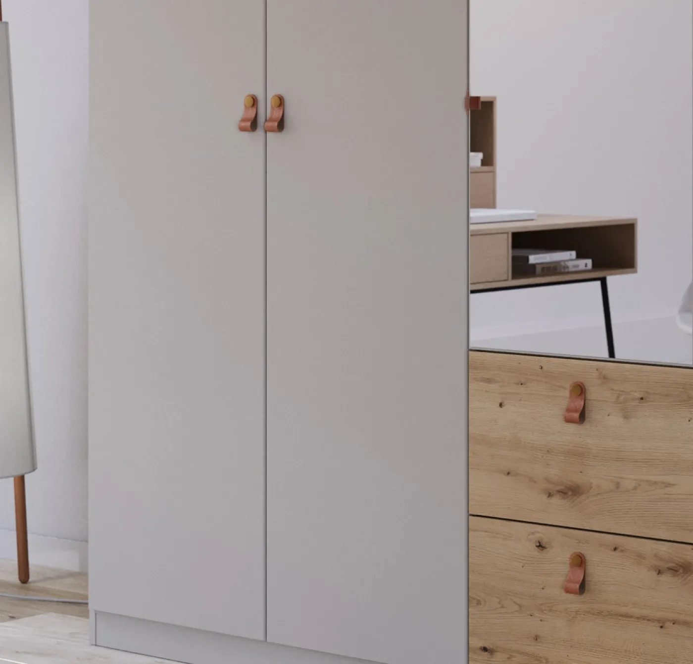 Kleiderschrank Drehtürenschrank Quadra-Spin | 5-türig | mit Spiegeltüren & Schubkästen | seidengrau / Eiche Artisan | 226x210 | Griff Homey