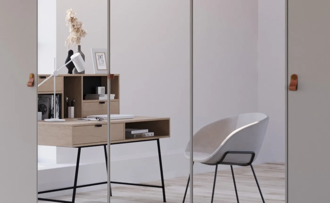 Kleiderschrank Drehtürenschrank Quadra-Spin | 5-türig | mit Spiegeltüren | seidengrau | 226x210 | Griff Homey