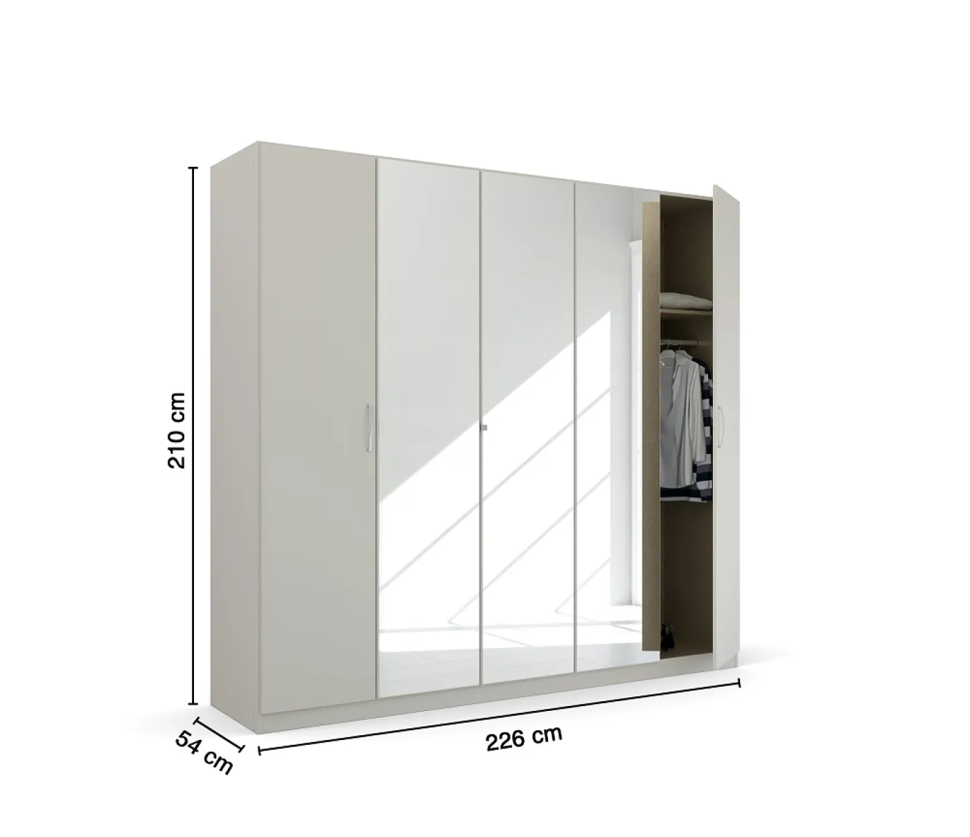 Kleiderschrank Drehtürenschrank Quadra-Spin | 5-türig | mit Spiegeltüren | seidengrau | 226x210 | Griff Pure