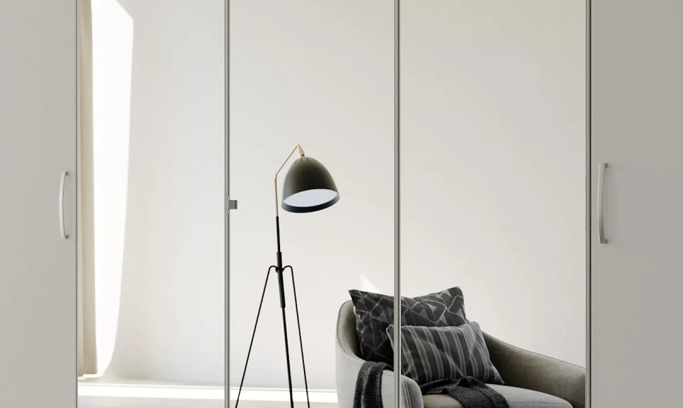 Kleiderschrank Drehtürenschrank Quadra-Spin | 5-türig | mit Spiegeltüren | seidengrau | 226x210 | Griff Pure