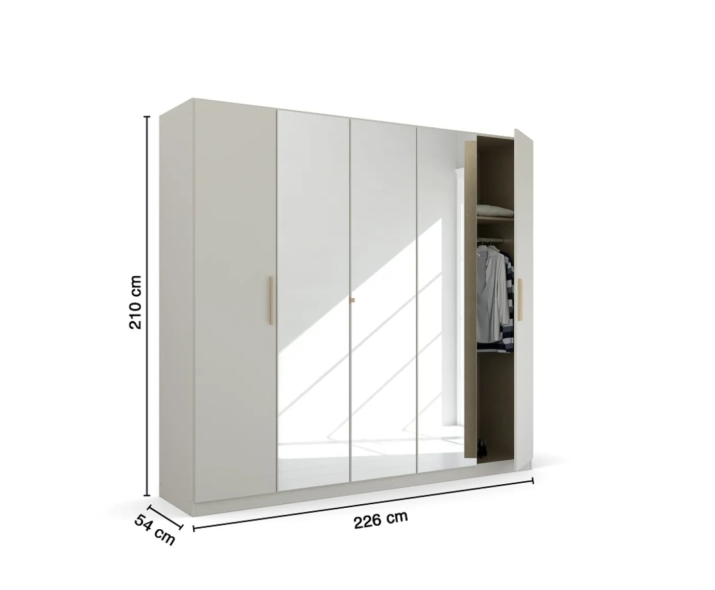 Kleiderschrank Drehtürenschrank Quadra-Spin | 5-türig | mit Spiegeltüren | seidengrau | 226x210 | Griff Skandi