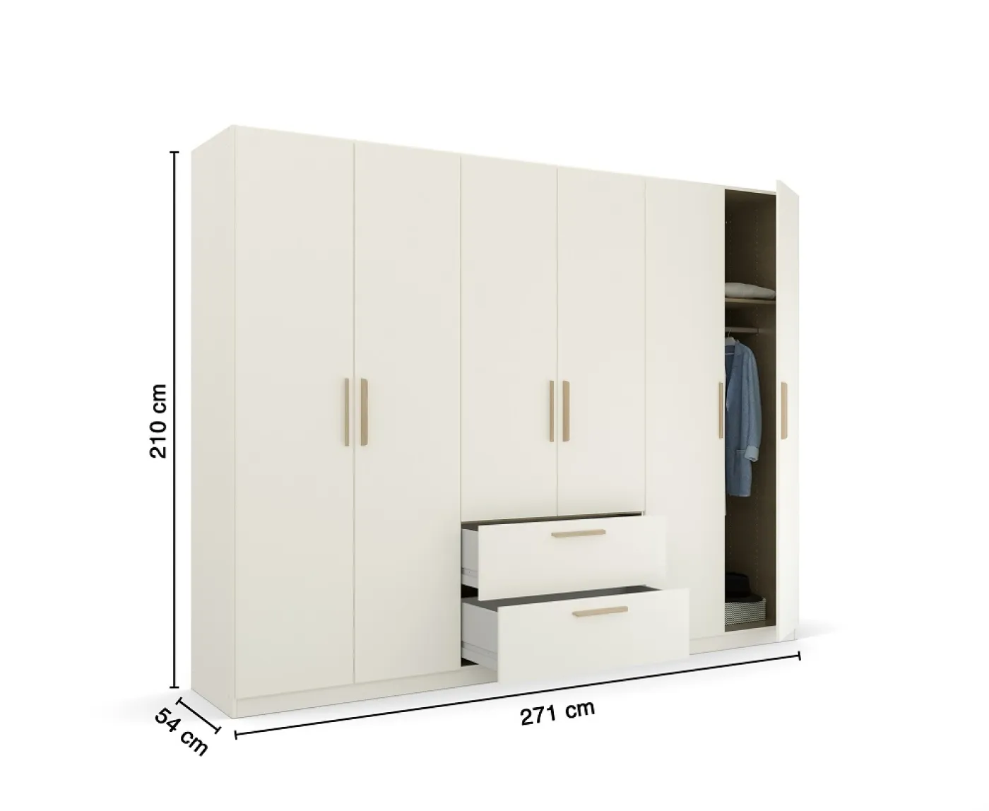 Kleiderschrank Drehtürenschrank Quadra-Spin | 6-türig | mit Schubkästen | alpinweiß | 271x210 | Griff Skandi