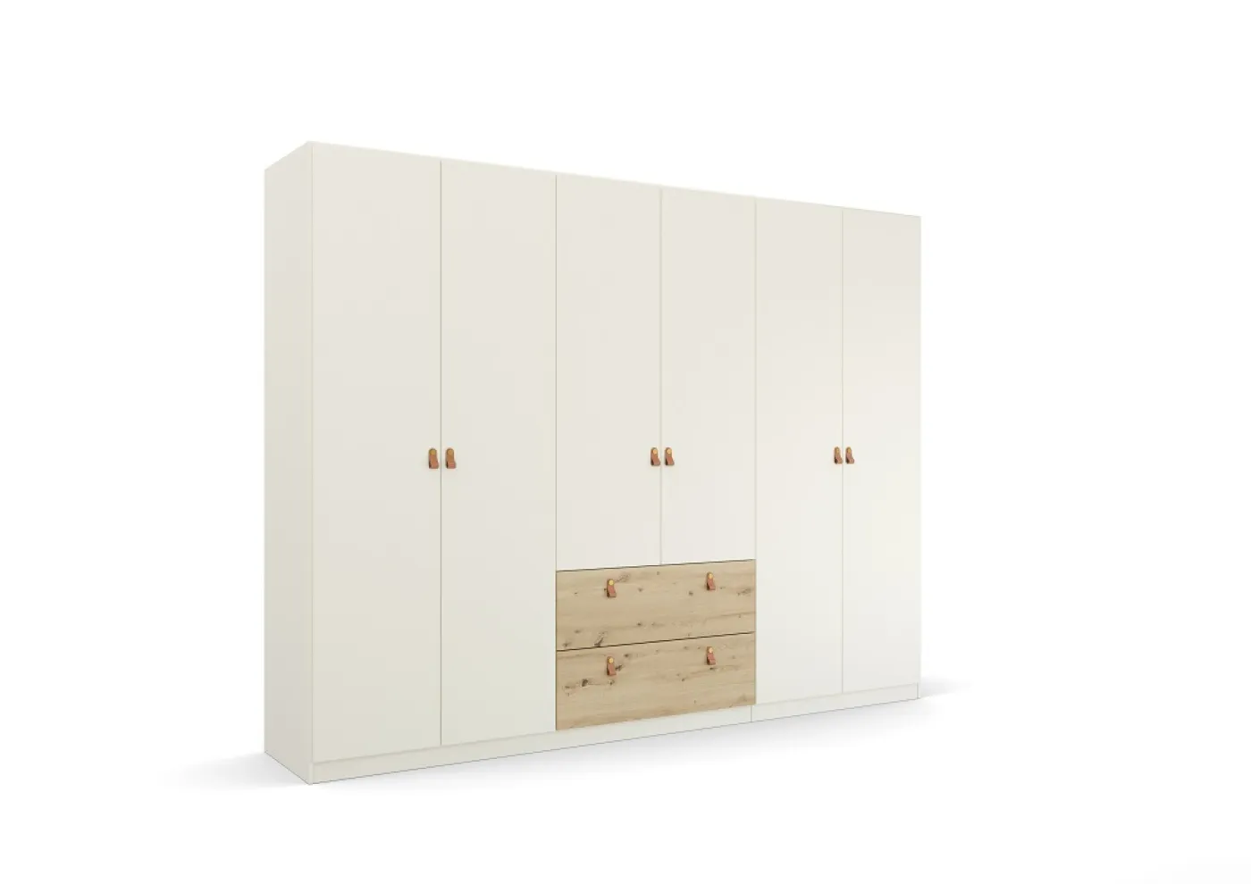 Kleiderschrank Drehtürenschrank Quadra-Spin | 6-türig | mit Schubkästen | alpinweiß / Eiche Artisan | 271x210 | Griff Homey