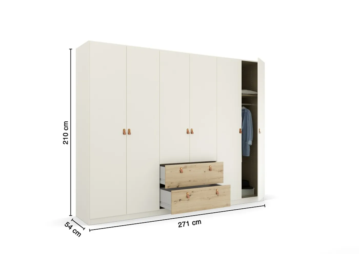 Kleiderschrank Drehtürenschrank Quadra-Spin | 6-türig | mit Schubkästen | alpinweiß / Eiche Artisan | 271x210 | Griff Homey