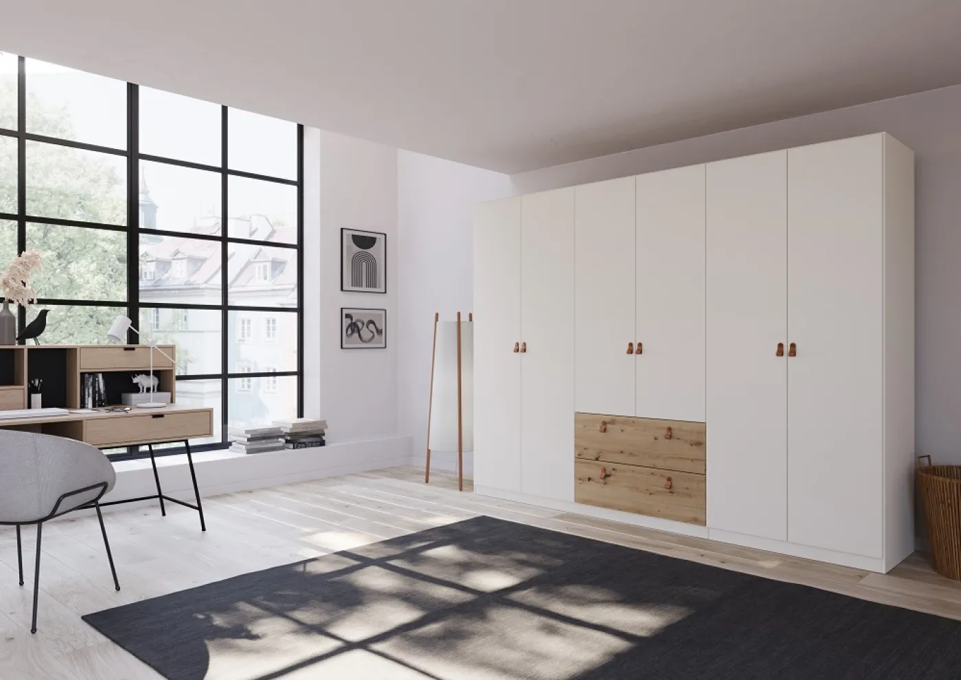 Kleiderschrank Drehtürenschrank Quadra-Spin | 6-türig | mit Schubkästen | alpinweiß / Eiche Artisan | 271x210 | Griff Homey