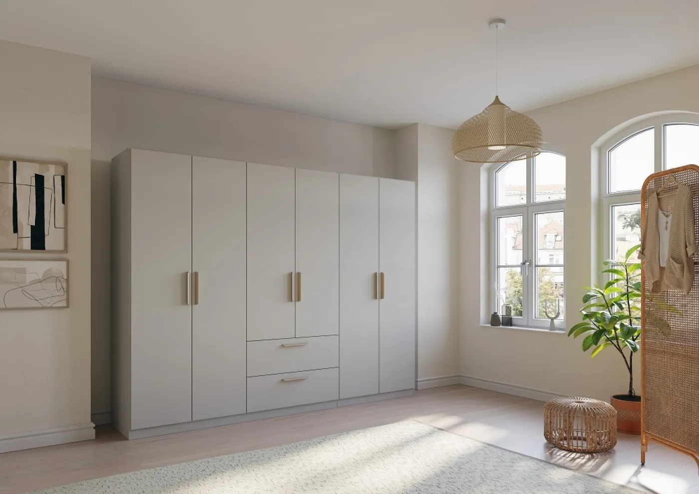 Kleiderschrank Drehtürenschrank Quadra-Spin | 6-türig | mit Schubkästen | seidengrau | 271x210 | Griff Skandi