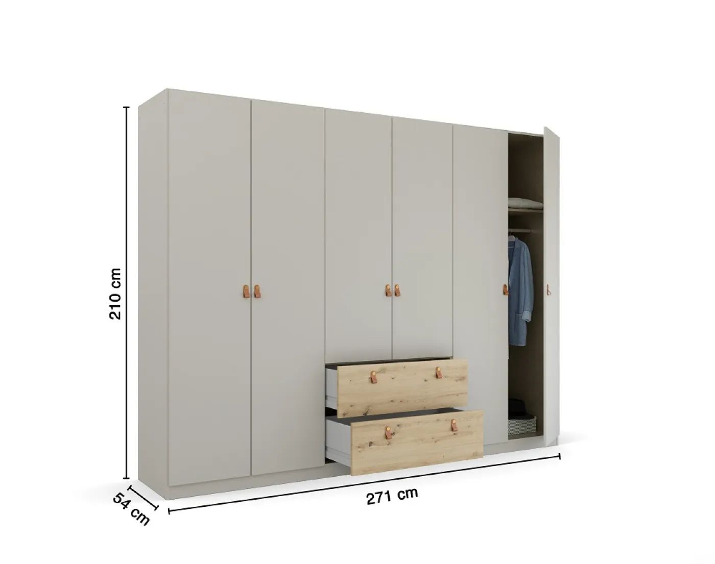 Kleiderschrank Drehtürenschrank Quadra-Spin | 6-türig | mit Schubkästen | seidengrau / Eiche Artisan | 271x210 | Griff Homey