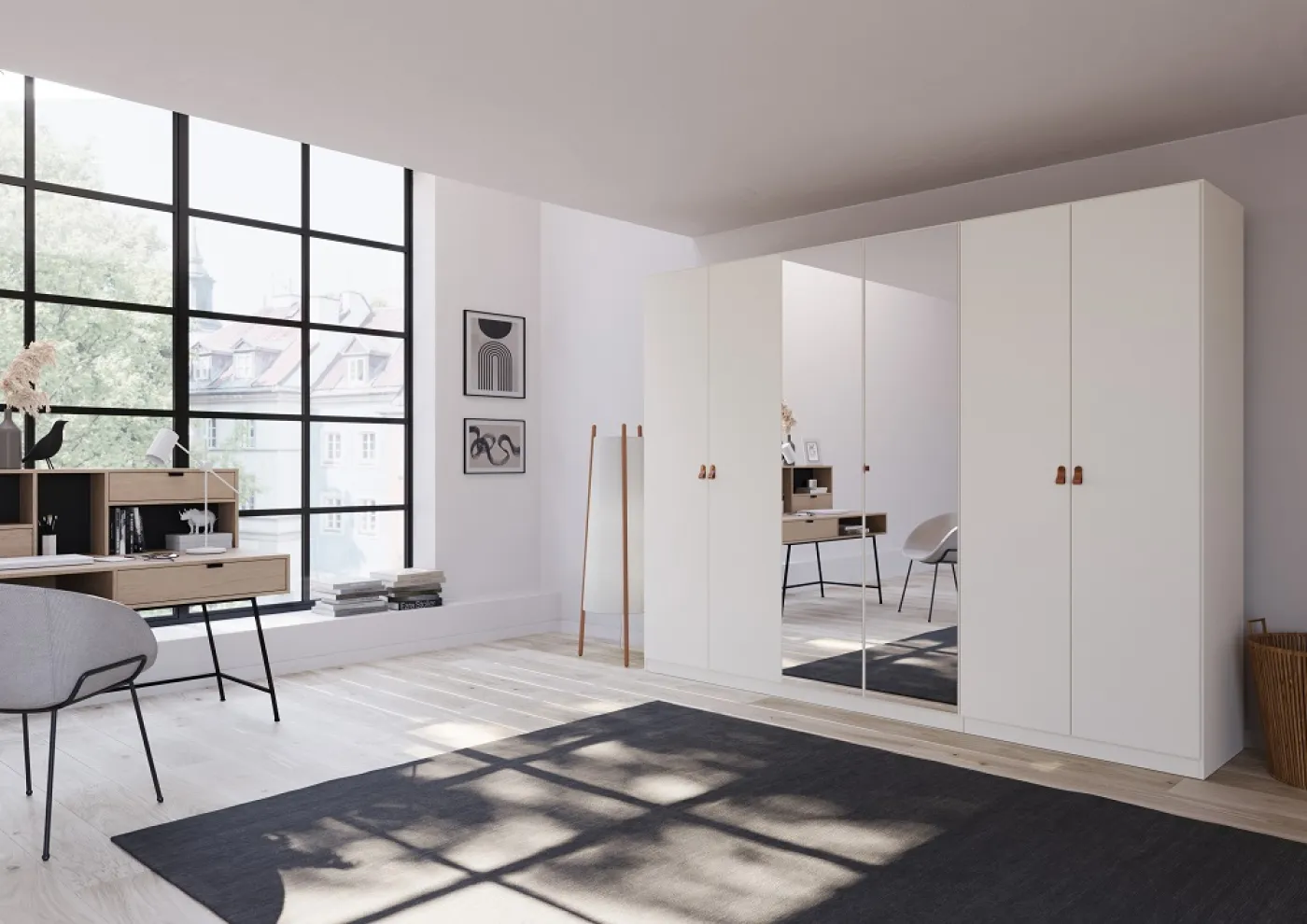 Kleiderschrank Drehtürenschrank Quadra-Spin | 6-türig | mit Spiegeltüren | alpinweiß | 271x210 | Griff Homey