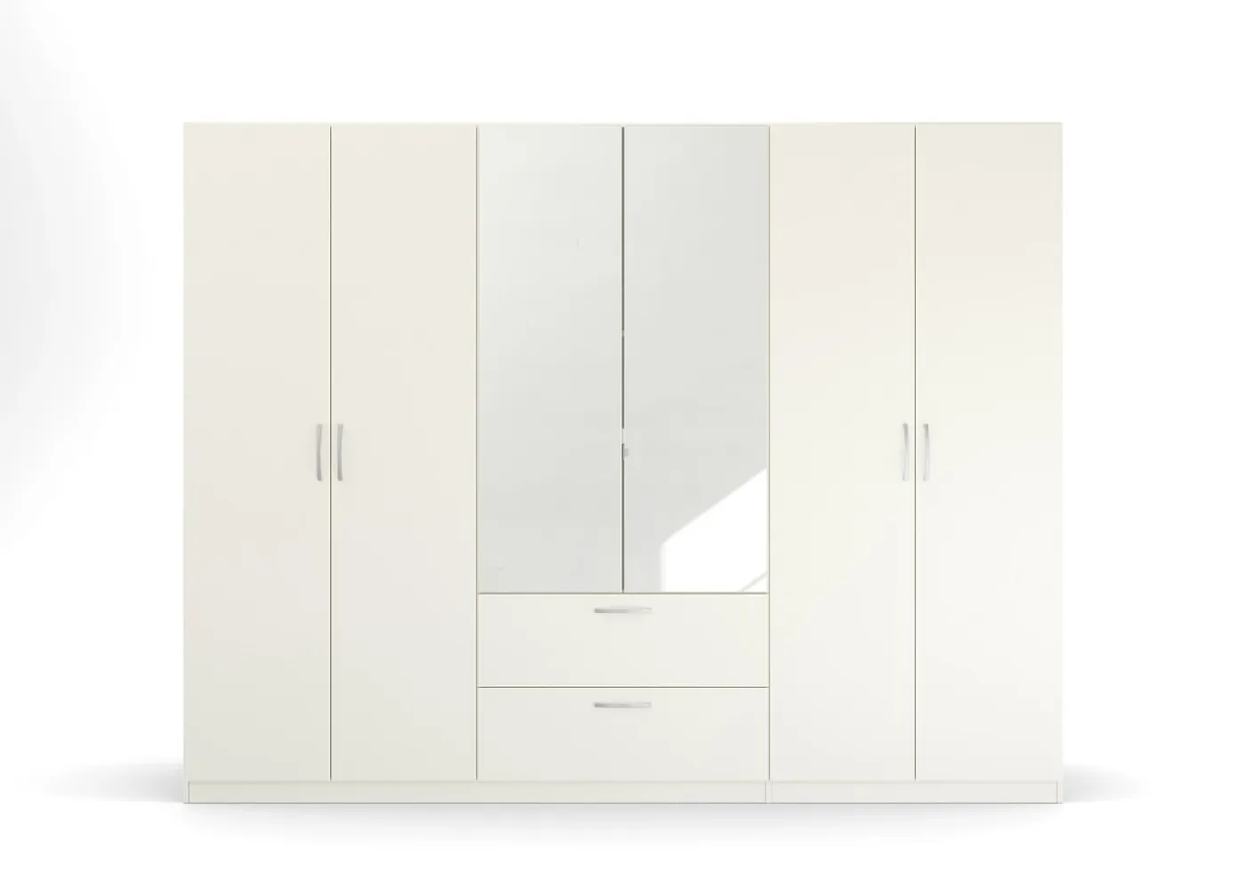 Kleiderschrank Drehtürenschrank Quadra-Spin | 6-türig | mit Spiegeltüren & Schubkästen | alpinweiß | 271x210 | Griff Pure