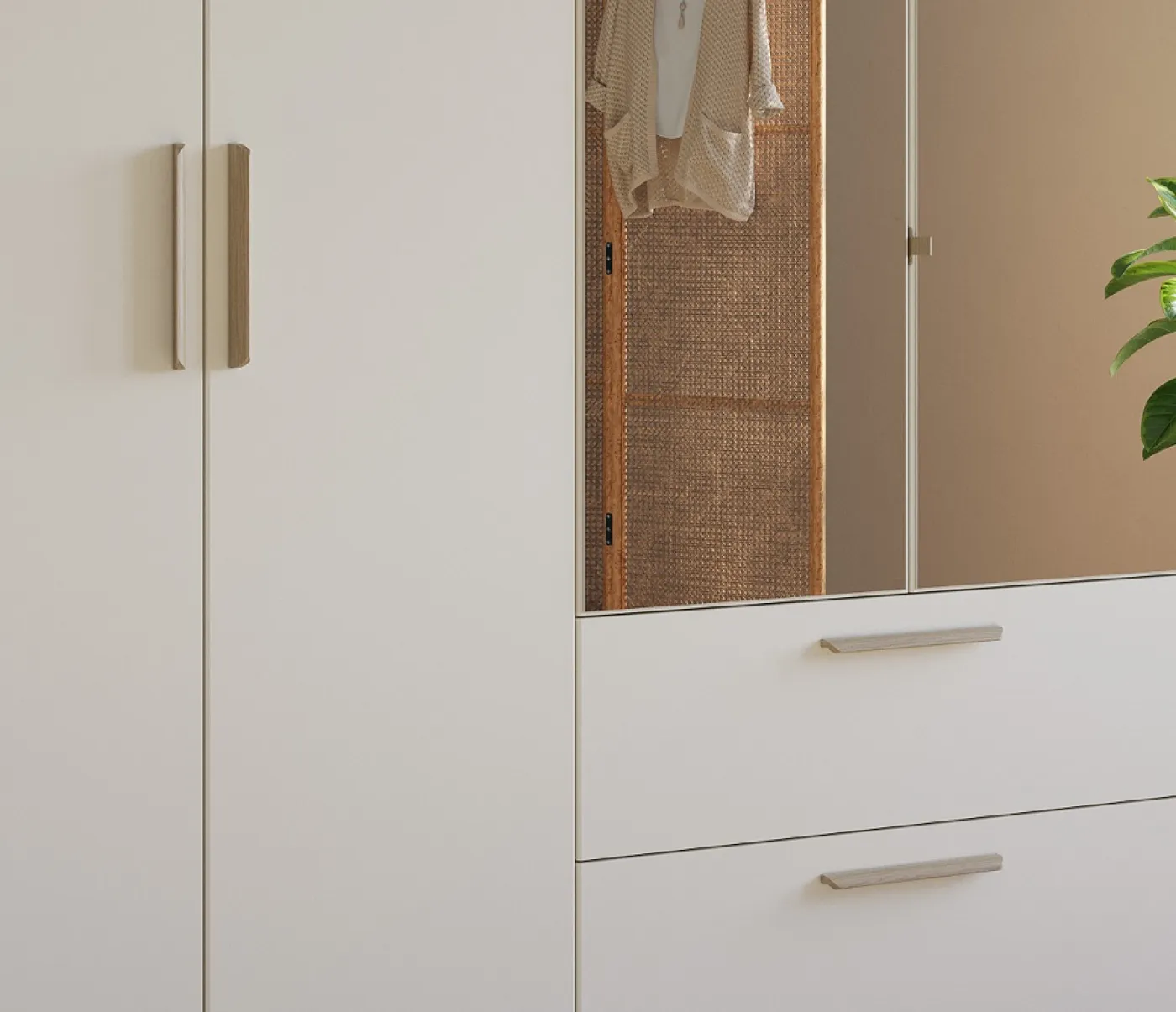 Kleiderschrank Drehtürenschrank Quadra-Spin | 6-türig | mit Spiegeltüren & Schubkästen | alpinweiß | 271x210 | Griff Skandi