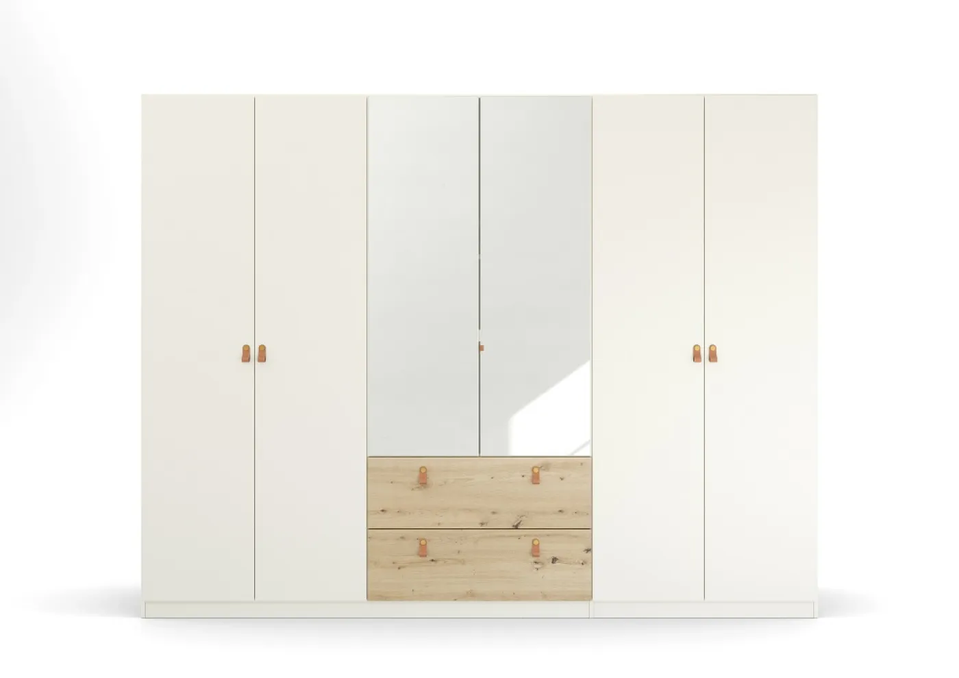 Kleiderschrank Drehtürenschrank Quadra-Spin | 6-türig | mit Spiegeltüren & Schubkästen | alpinweiß / Eiche Artisan | 271x210 | Griff Homey