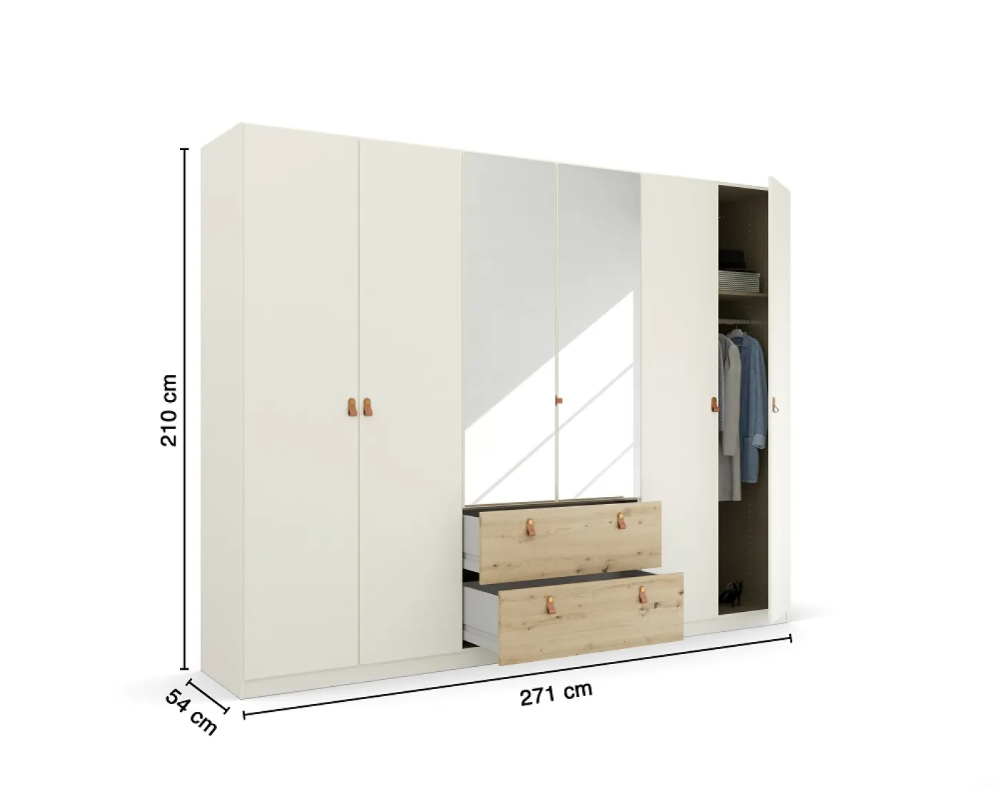 Kleiderschrank Drehtürenschrank Quadra-Spin | 6-türig | mit Spiegeltüren & Schubkästen | alpinweiß / Eiche Artisan | 271x210 | Griff Homey