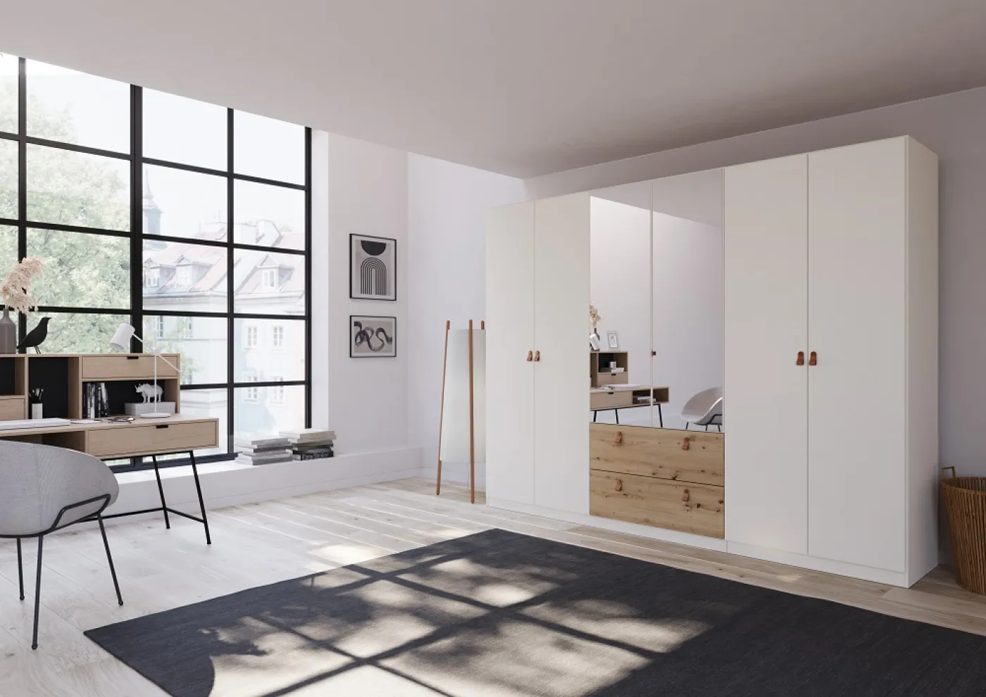 Kleiderschrank Drehtürenschrank Quadra-Spin | 6-türig | mit Spiegeltüren & Schubkästen | alpinweiß / Eiche Artisan | 271x210 | Griff Homey