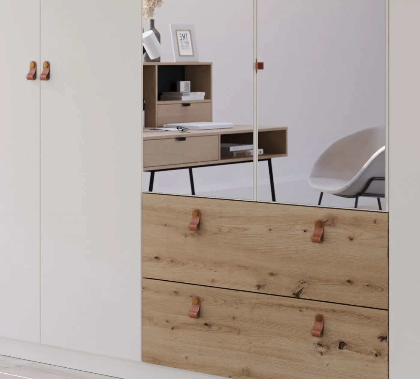 Kleiderschrank Drehtürenschrank Quadra-Spin | 6-türig | mit Spiegeltüren & Schubkästen | alpinweiß / Eiche Artisan | 271x210 | Griff Homey