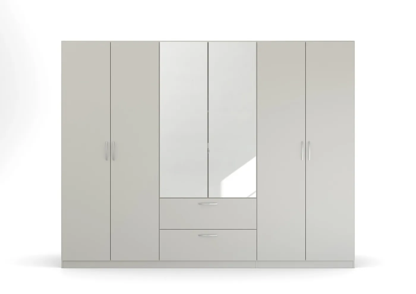 Kleiderschrank Drehtürenschrank Quadra-Spin | 6-türig | mit Spiegeltüren & Schubkästen | seidengrau | 271x210 | Griff Pure