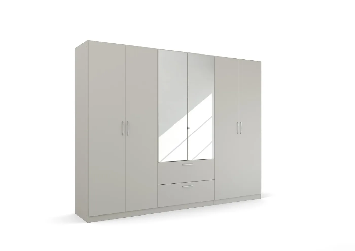 Kleiderschrank Drehtürenschrank Quadra-Spin | 6-türig | mit Spiegeltüren & Schubkästen | seidengrau | 271x210 | Griff Pure