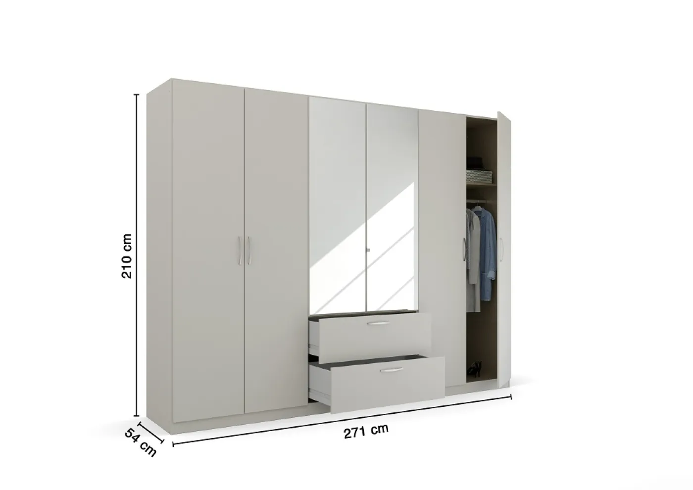 Kleiderschrank Drehtürenschrank Quadra-Spin | 6-türig | mit Spiegeltüren & Schubkästen | seidengrau | 271x210 | Griff Pure