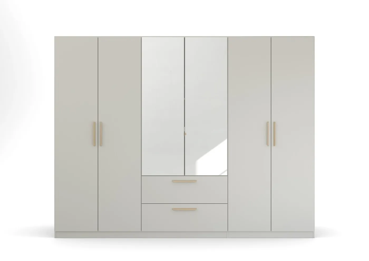 Kleiderschrank Drehtürenschrank Quadra-Spin | 6-türig | mit Spiegeltüren & Schubkästen | seidengrau | 271x210 | Griff Skandi