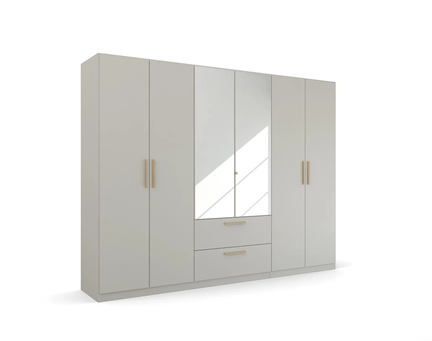 Kleiderschrank Drehtürenschrank Quadra-Spin | 6-türig | mit Spiegeltüren & Schubkästen | seidengrau | 271x210 | Griff Skandi