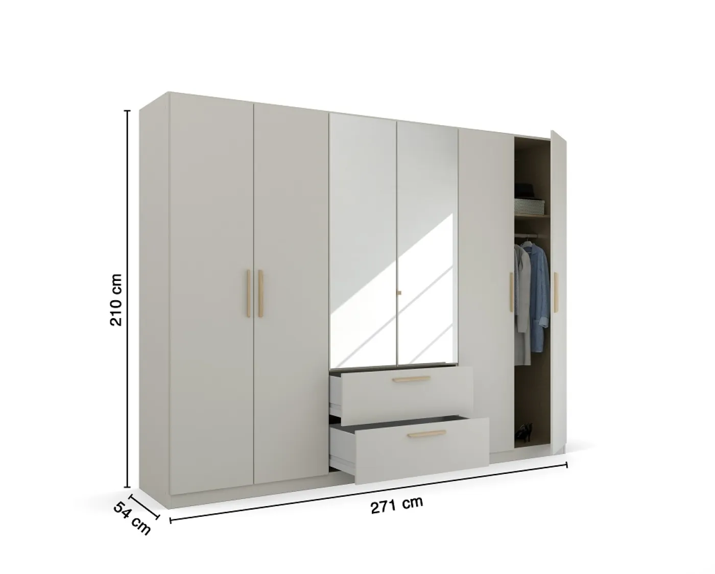 Kleiderschrank Drehtürenschrank Quadra-Spin | 6-türig | mit Spiegeltüren & Schubkästen | seidengrau | 271x210 | Griff Skandi