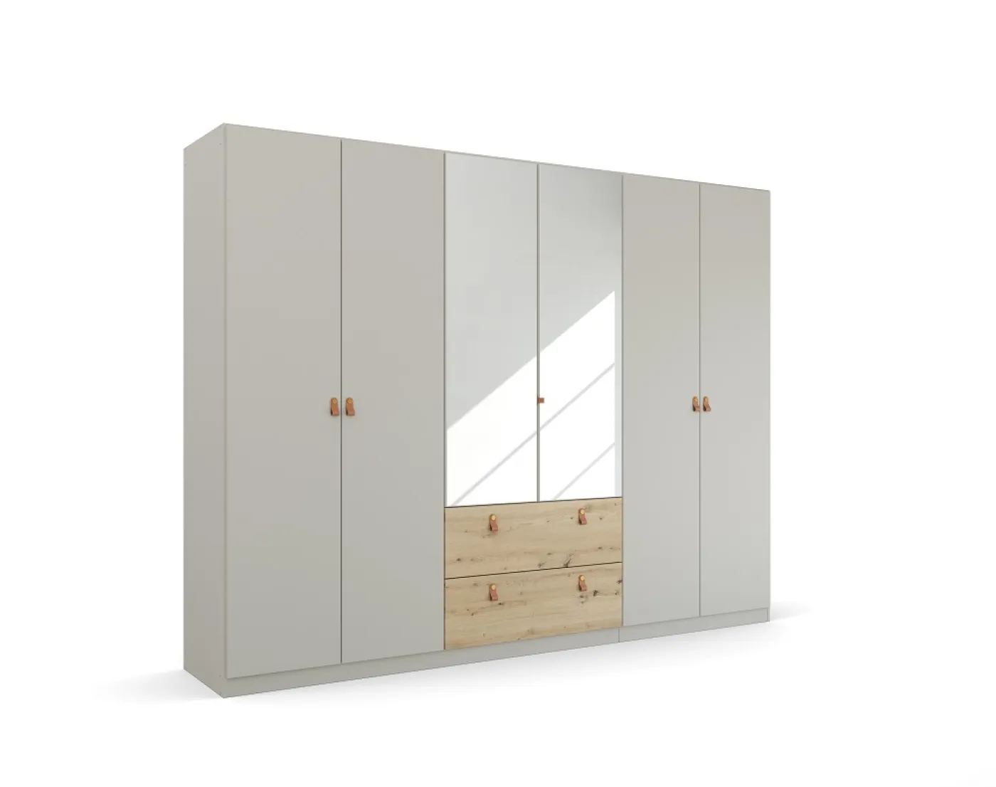 Kleiderschrank Drehtürenschrank Quadra-Spin | 6-türig | mit Spiegeltüren & Schubkästen | seidengrau / Eiche Artisan | 271x210 | Griff Homey