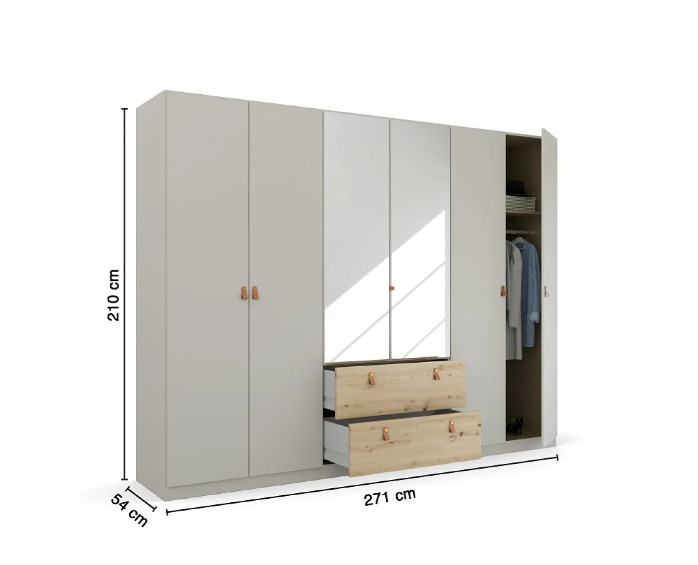 Kleiderschrank Drehtürenschrank Quadra-Spin | 6-türig | mit Spiegeltüren & Schubkästen | seidengrau / Eiche Artisan | 271x210 | Griff Homey