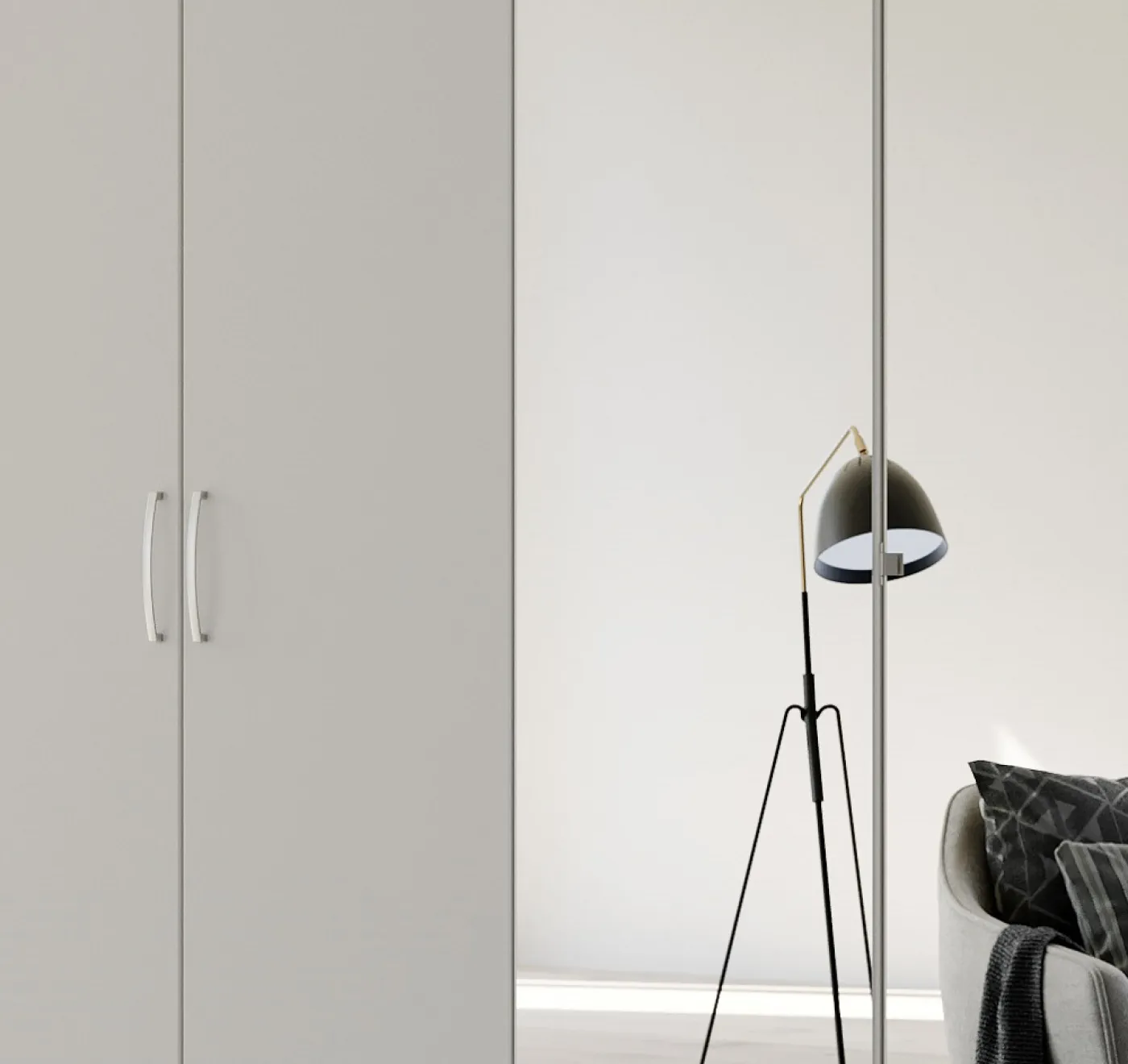 Kleiderschrank Drehtürenschrank Quadra-Spin | 6-türig | mit Spiegeltüren | seidengrau | 271x210 | Griff Pure