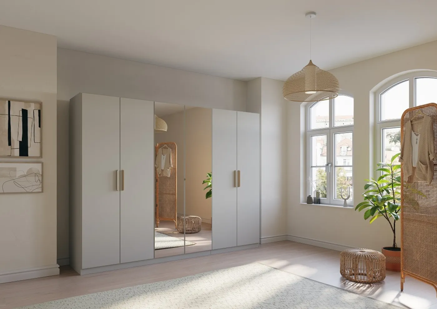 Kleiderschrank Drehtürenschrank Quadra-Spin | 6-türig | mit Spigeltüren | seidengrau | 271x210 | Griff Skandi