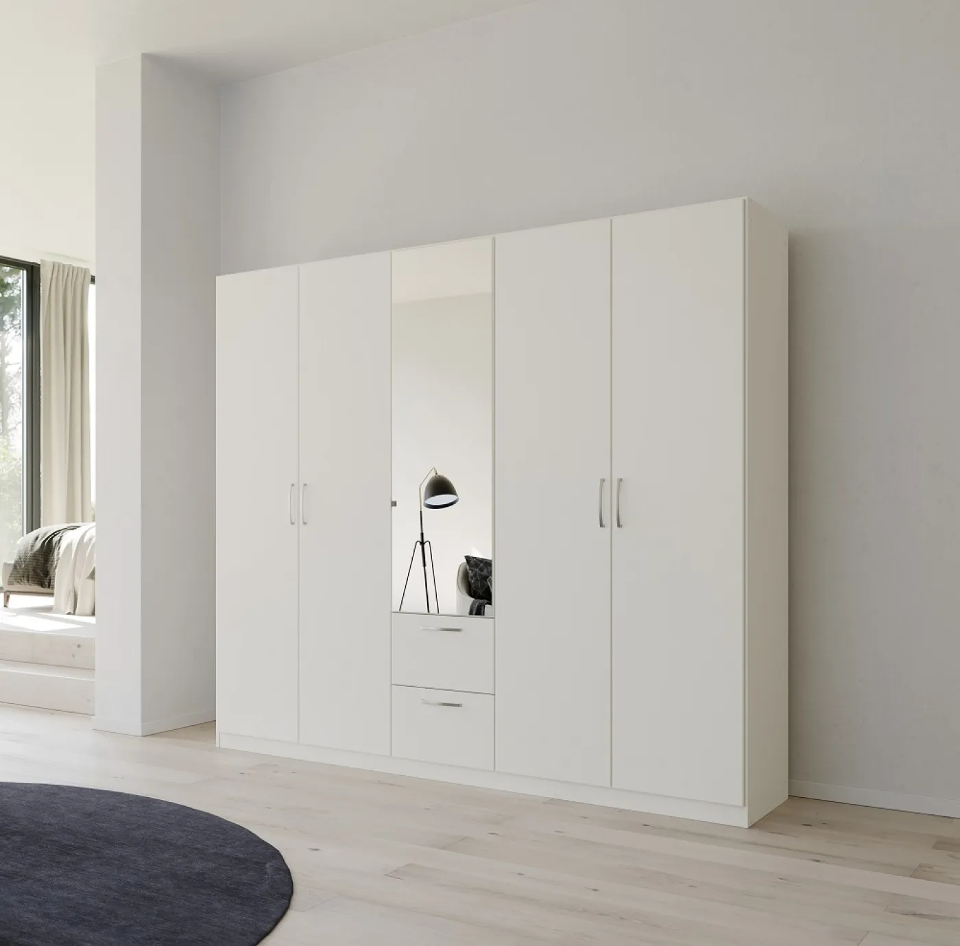 Kleiderschrank Drehtürenschrank Quadra-Spin | mit Spiegeltüren & Schubkästen | alpinweiß | Griff