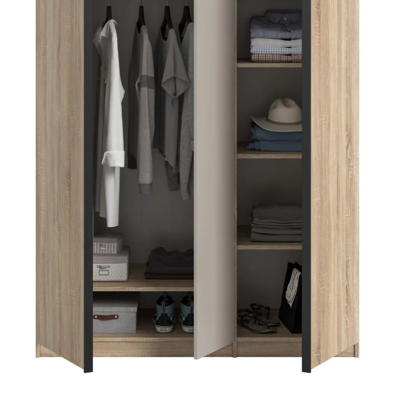 Kleiderschrank Oakland | mit 3 Türen & 4 Einlegeböden | Sonoma Eiche