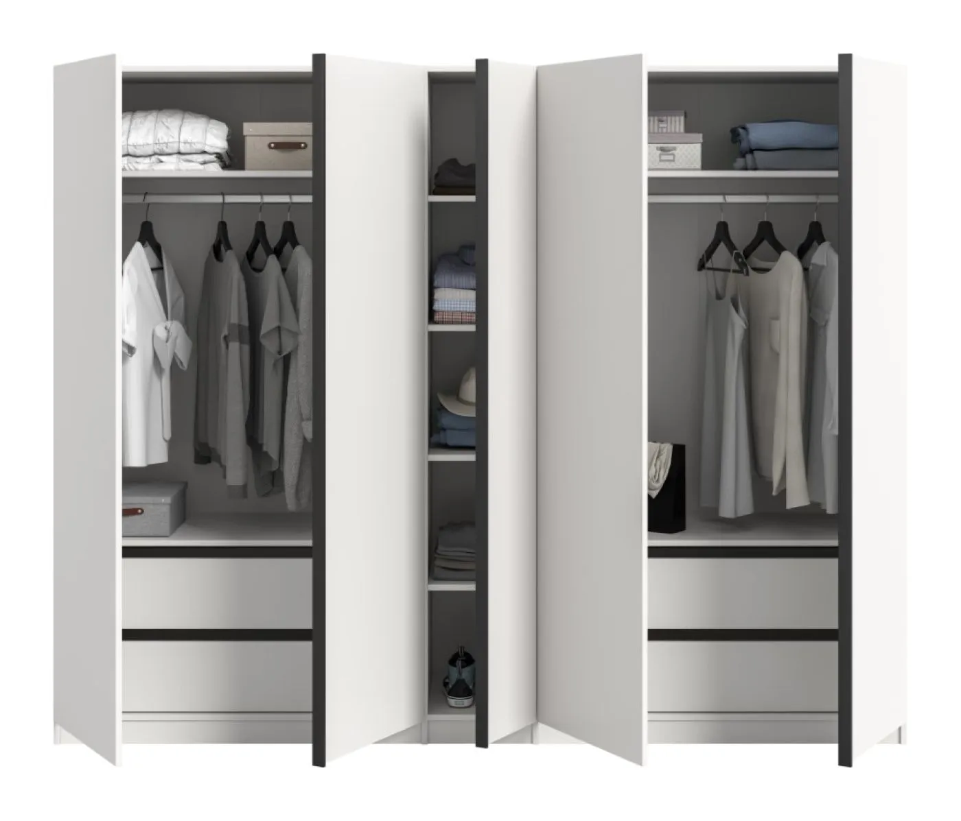 Kleiderschrank Oakland | mit 5 Türen & Schubkästeneinsätzen | weiß