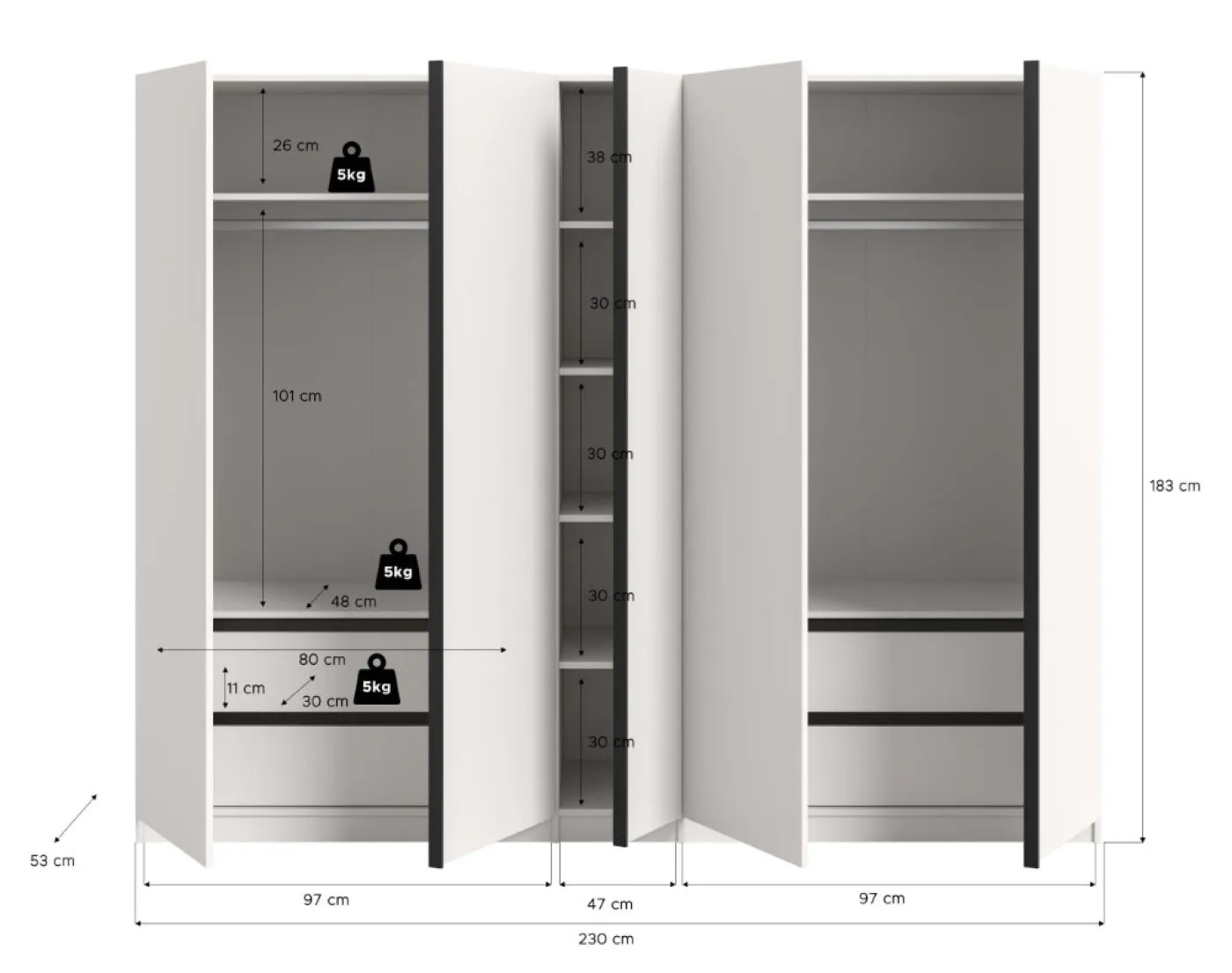 Kleiderschrank Oakland | mit 5 Türen & Schubkästeneinsätzen | weiß