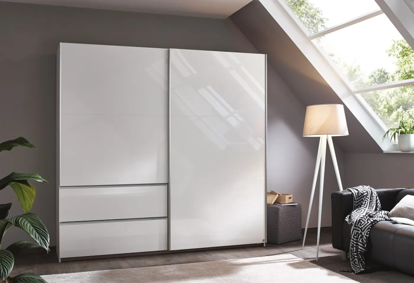 Kleiderschrank Schwebetürenschrank Sevilla | 2-türig | Alpinweiß Hochglanz | 218 x 210 x 59 cm