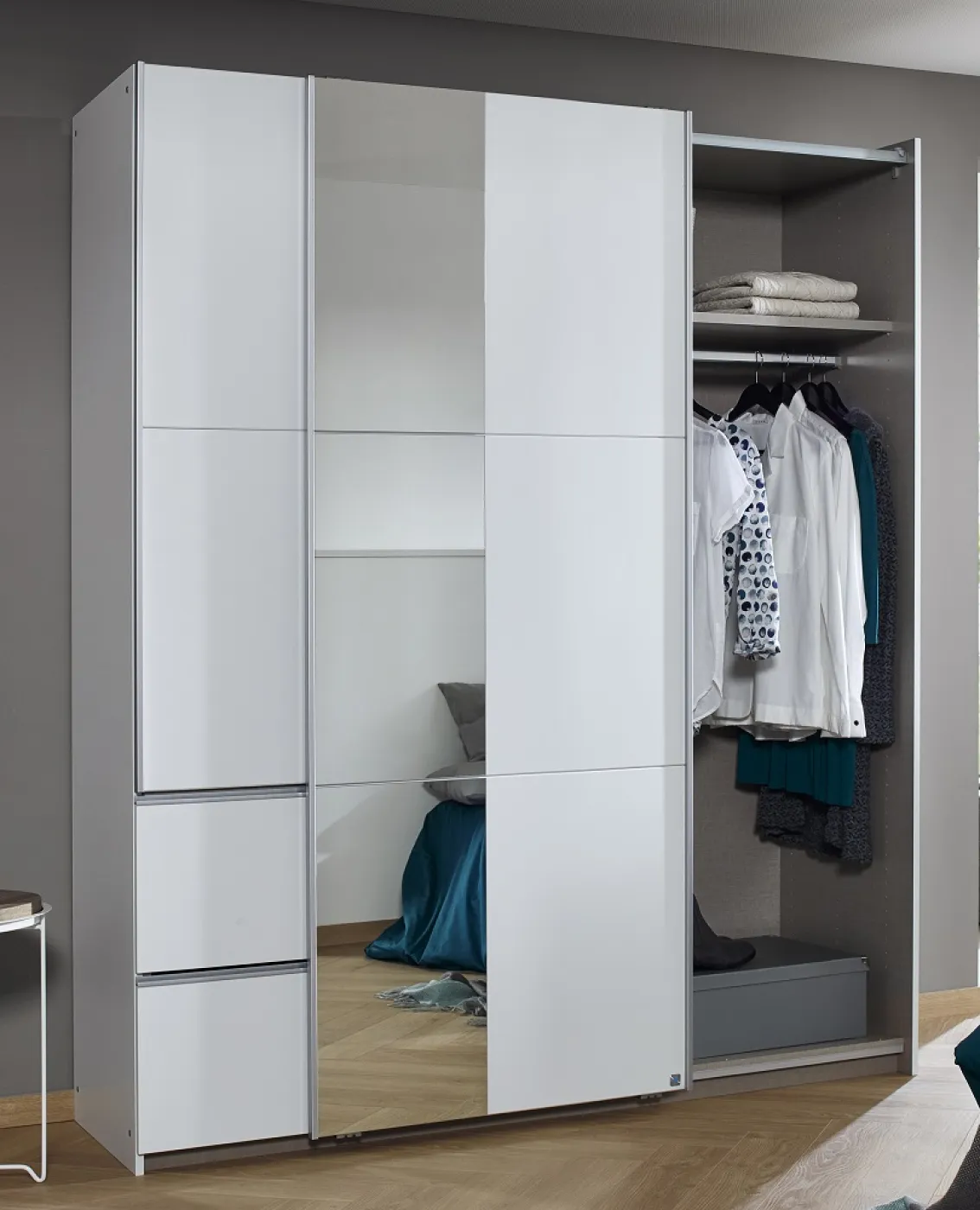 Kleiderschrank Schwebetürenschrank Sevilla mit Spiegel | 2-türig | Alpinweiß 175 x 210 x 59 cm